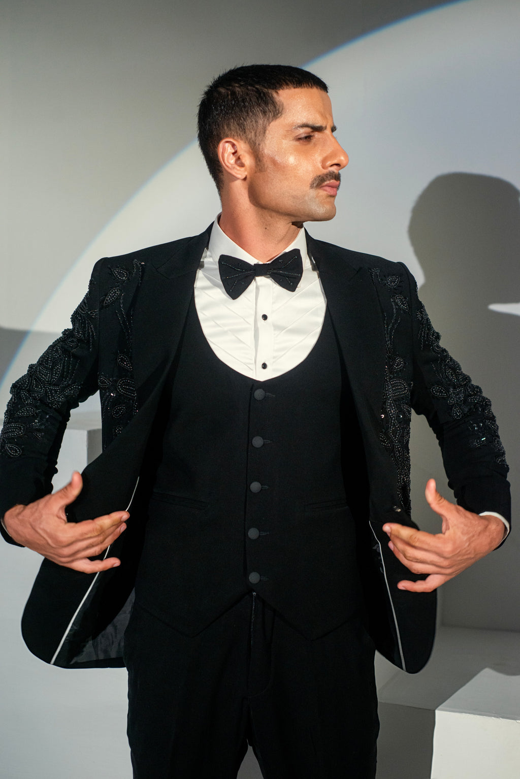 Black Georgette + handwork Tuxedo Coat Pant & Waistcoat For Men's
