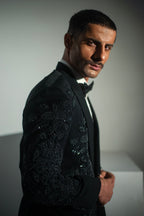 Black Georgette + handwork Tuxedo Coat Pant & Waistcoat For Men's