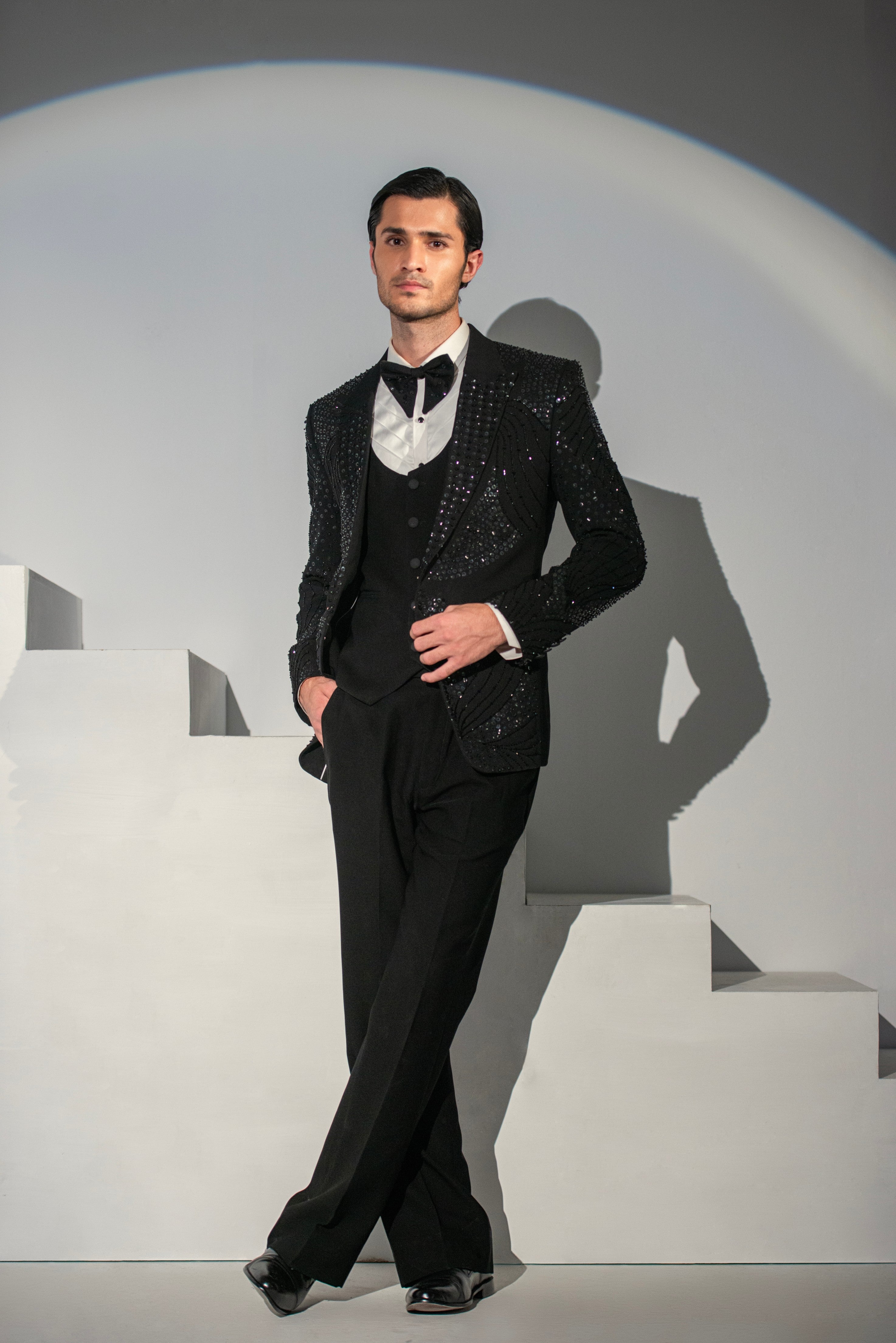 Black Georgette + Handwork Tuxedo Coat Pant & Waistcoat For Men's