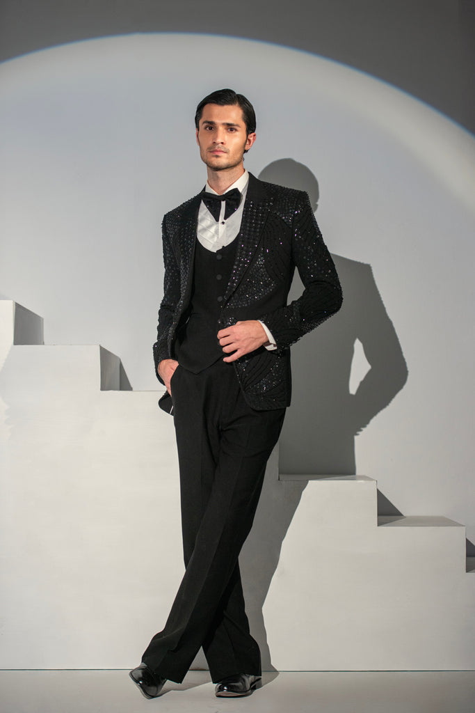 Black Georgette + Handwork Tuxedo Coat Pant & Waistcoat For Men's
