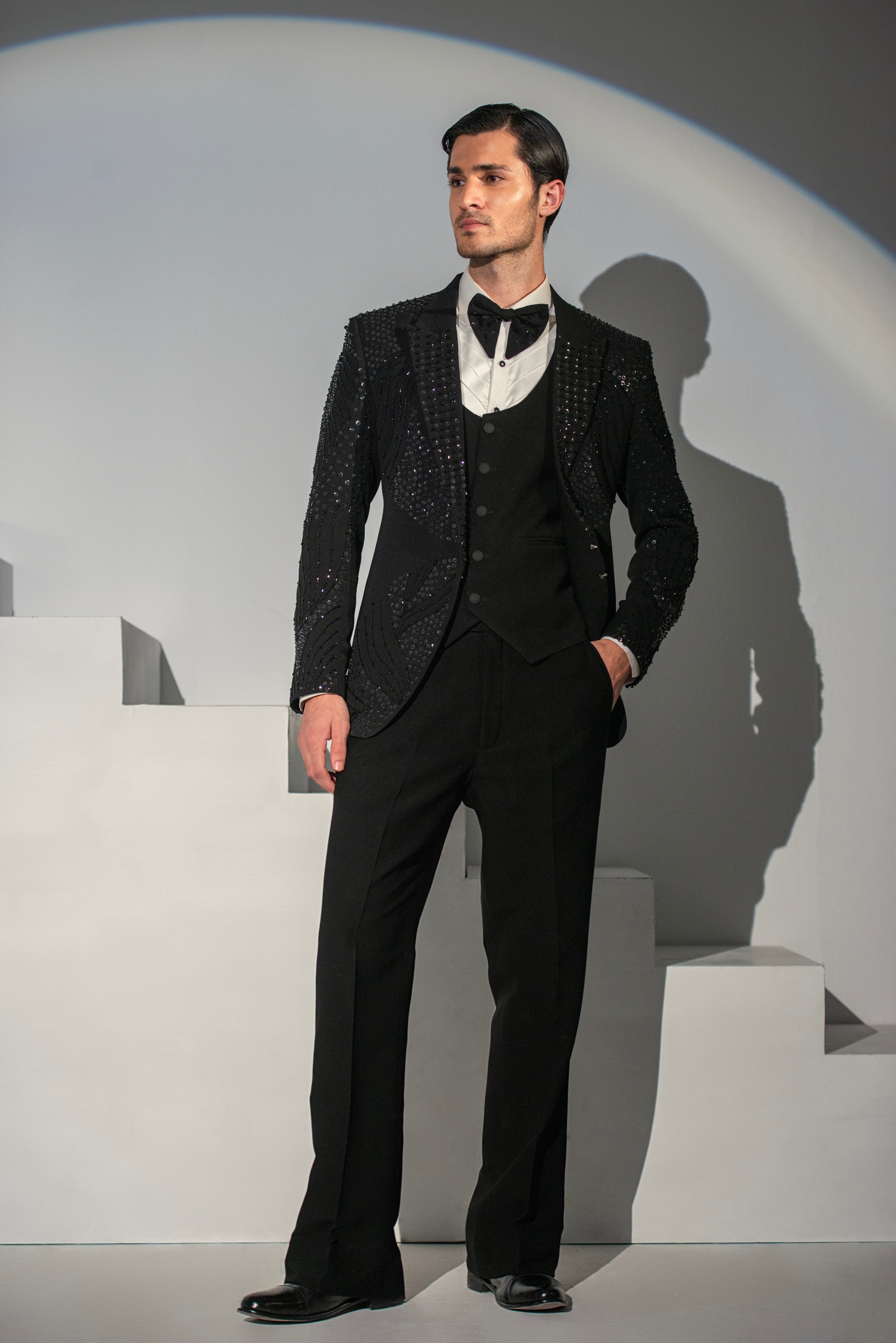 Black Georgette + Handwork Tuxedo Coat Pant & Waistcoat For Men's Main image
