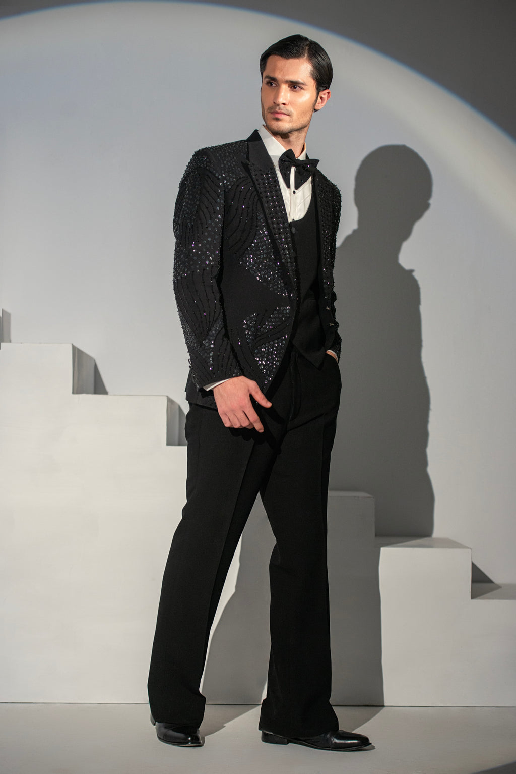 Black Georgette + Handwork Tuxedo Coat Pant & Waistcoat For Men's