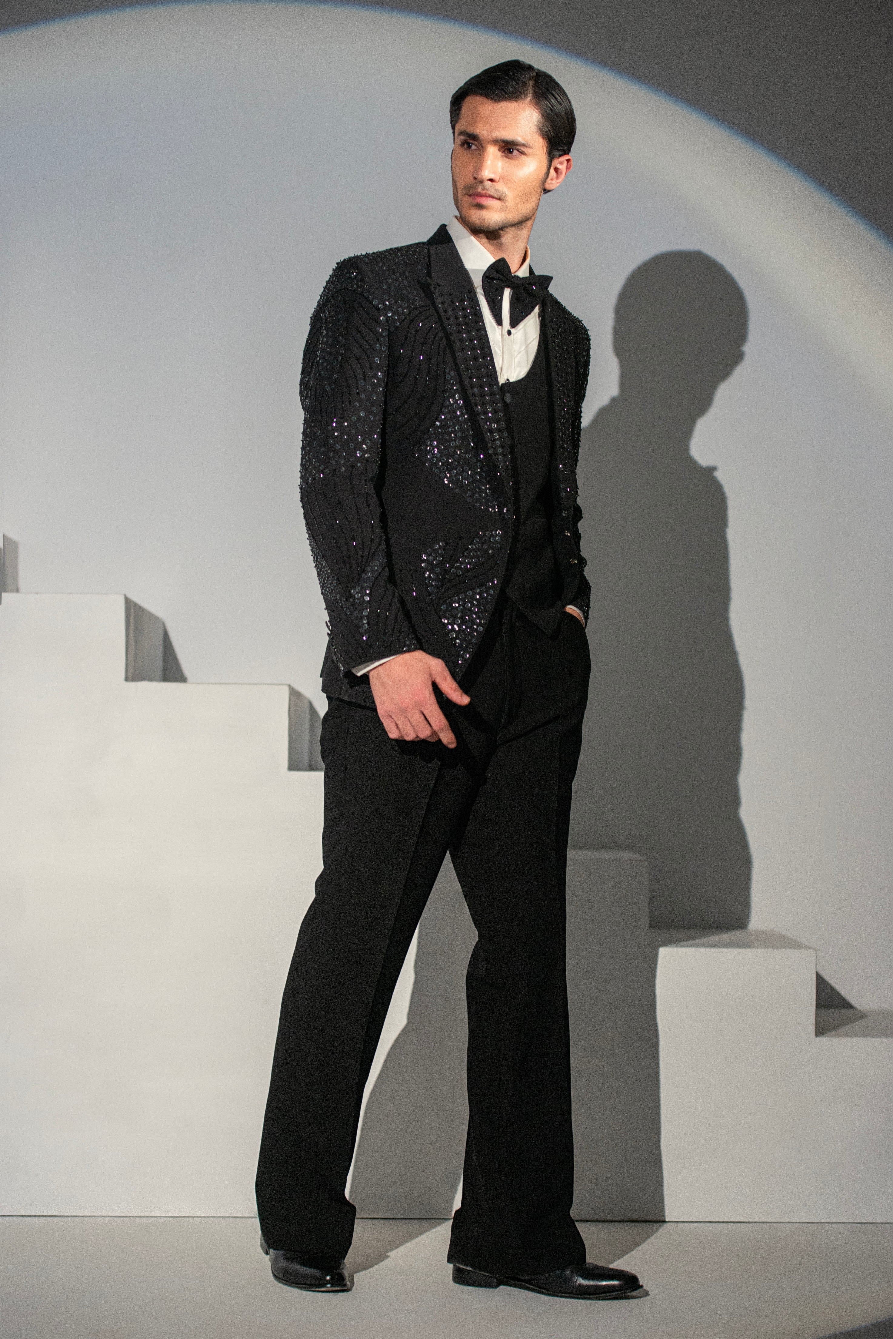Black Georgette + Handwork Tuxedo Coat Pant & Waistcoat For Men's