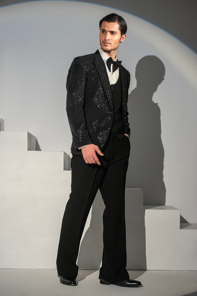 Black Georgette + Handwork Tuxedo Coat Pant & Waistcoat For Men's