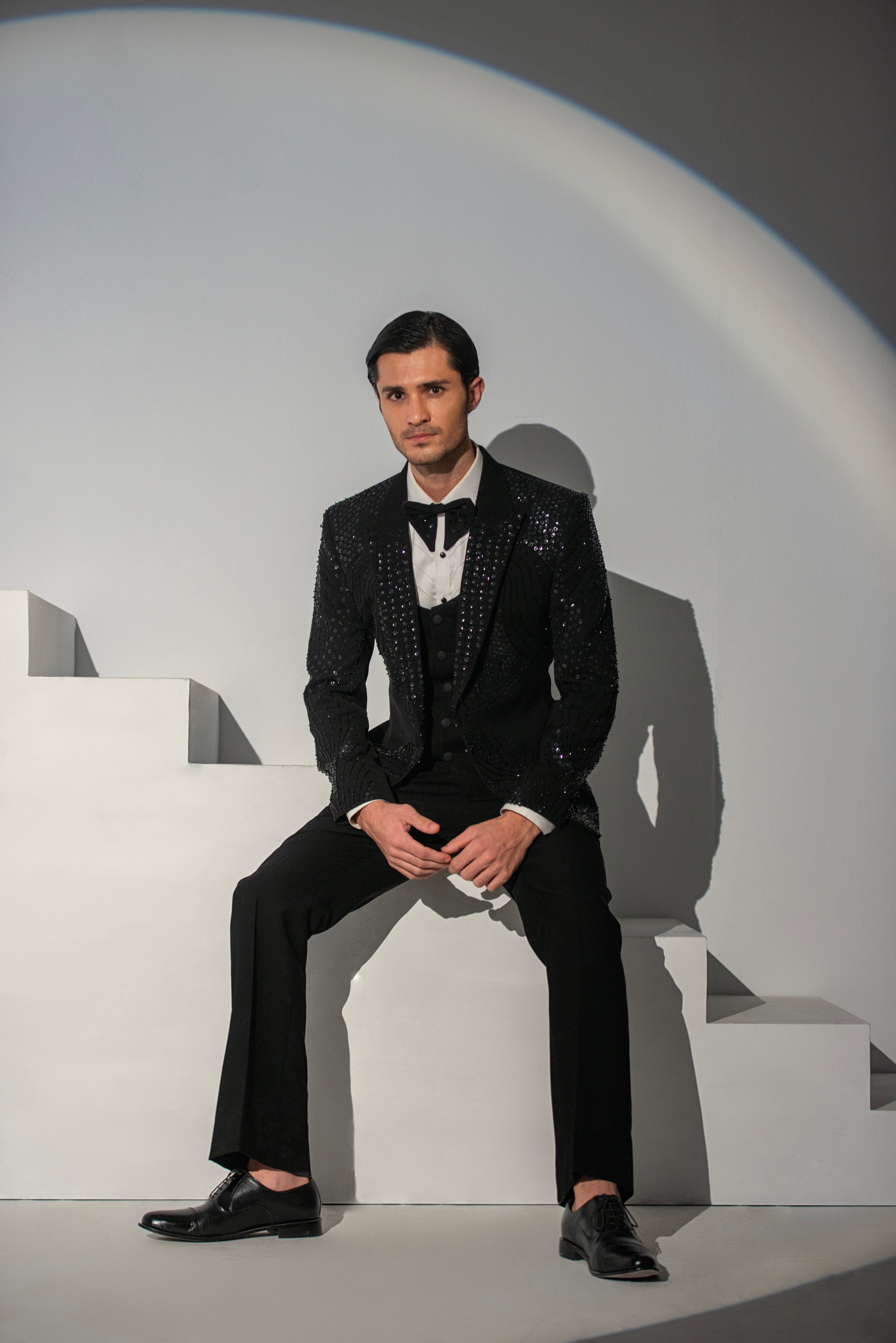 Black Georgette + Handwork Tuxedo Coat Pant & Waistcoat For Men's
