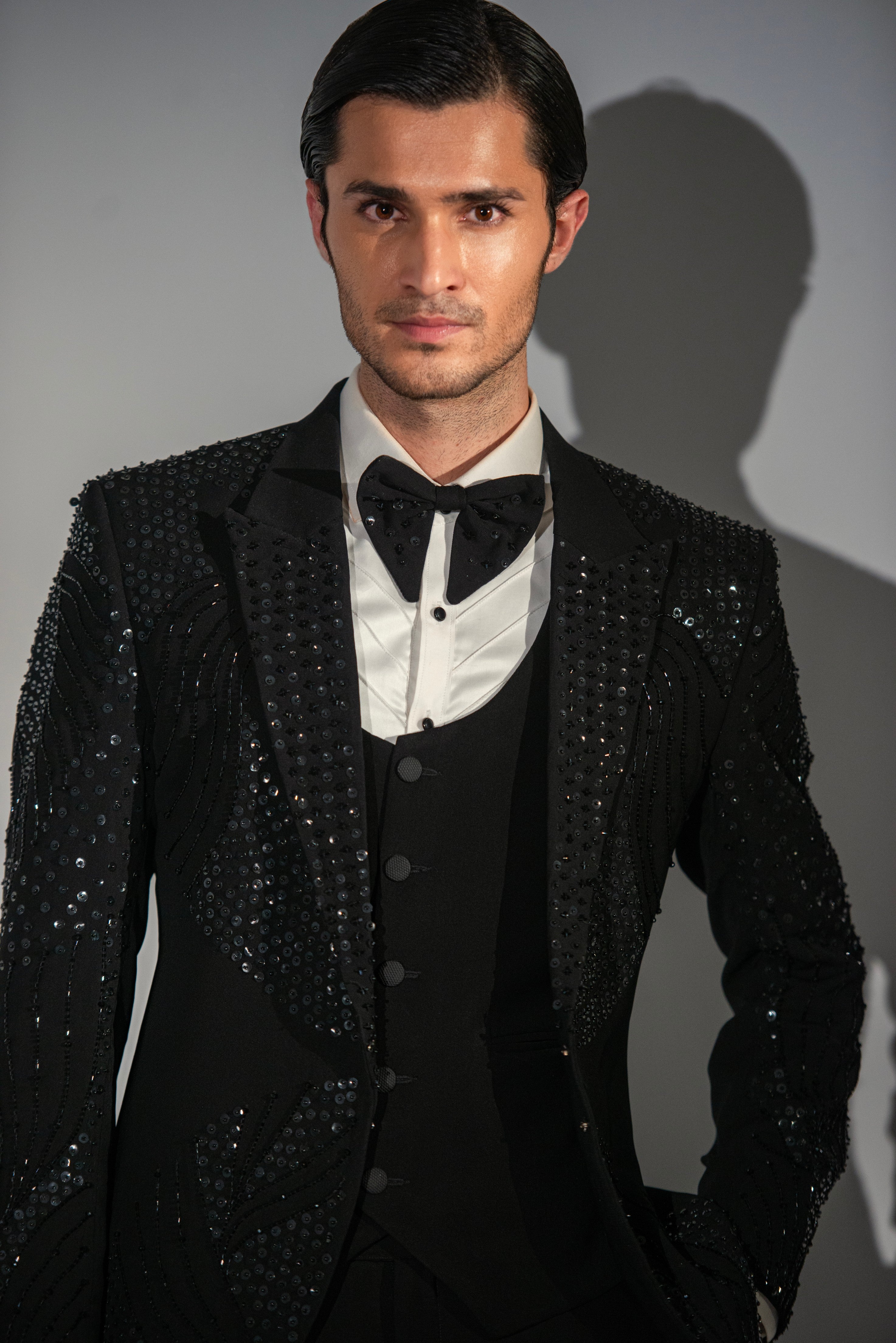Black Georgette + Handwork Tuxedo Coat Pant & Waistcoat For Men's Secondary image