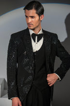 Black Georgette + Handwork Tuxedo Coat Pant & Waistcoat For Men's
