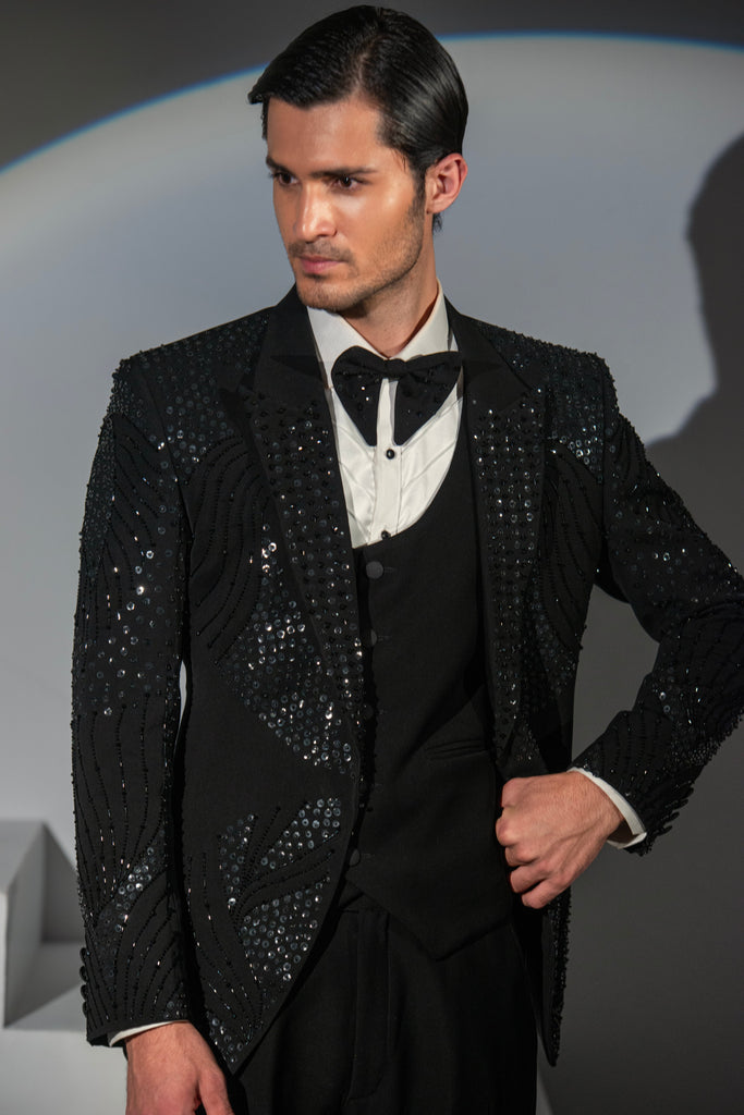 Black Georgette + Handwork Tuxedo Coat Pant & Waistcoat For Men's