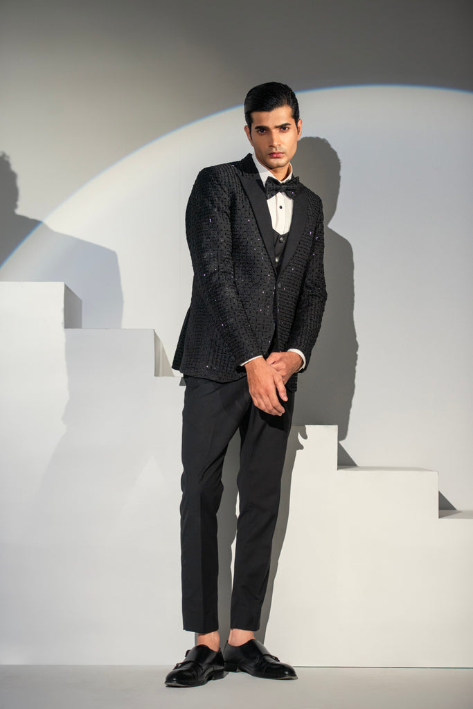 Black Embroidery + Handwork Tuxedo Coat Pant & Waistcoat For Men's
