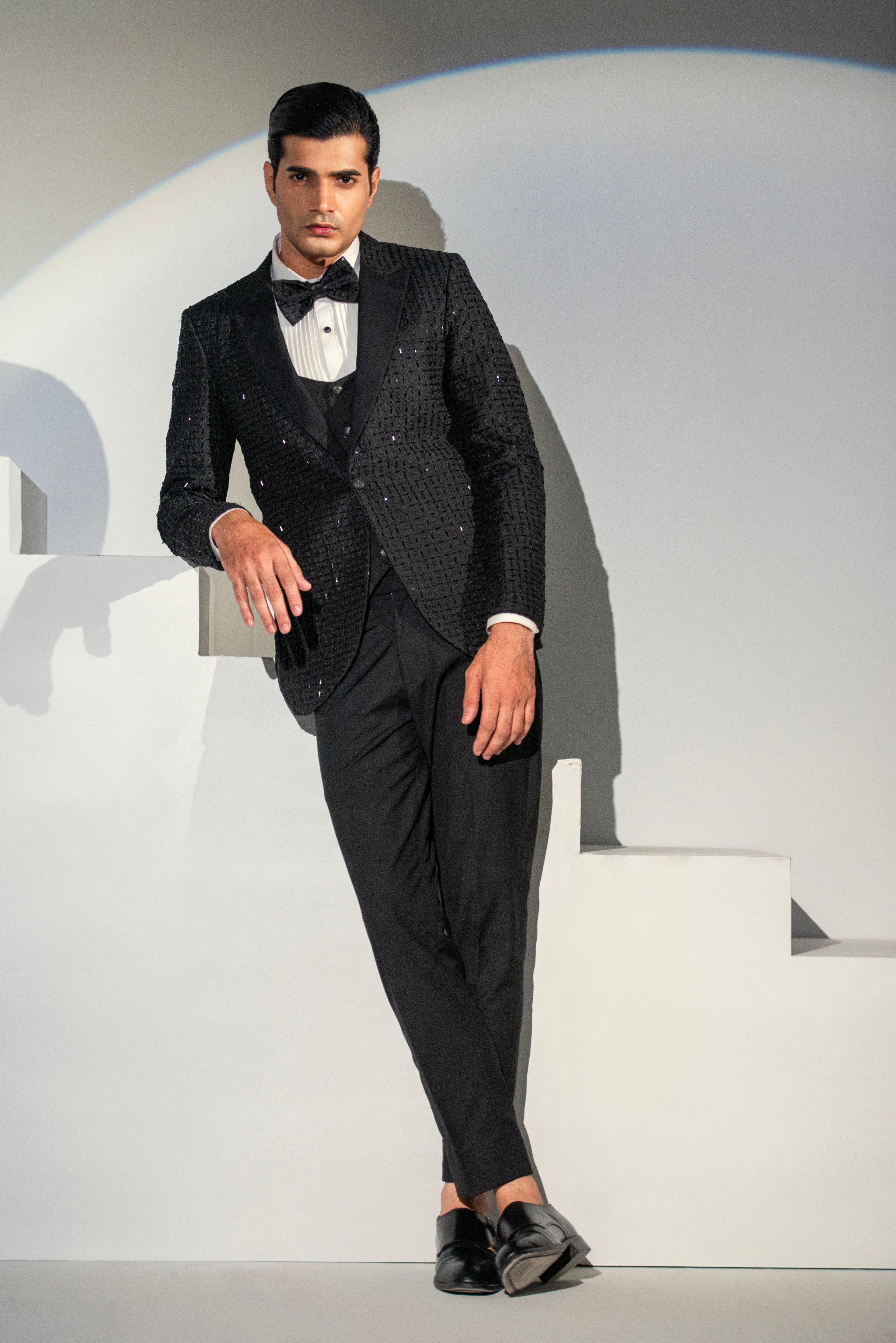 Black Embroidery + Handwork Tuxedo Coat Pant & Waistcoat For Men's Main image