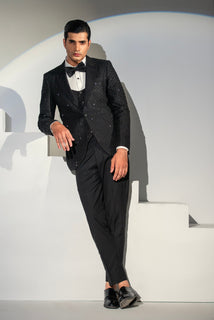 Black Embroidery + Handwork Tuxedo Coat Pant & Waistcoat For Men's
