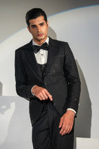 Black Embroidery + Handwork Tuxedo Coat Pant & Waistcoat For Men's