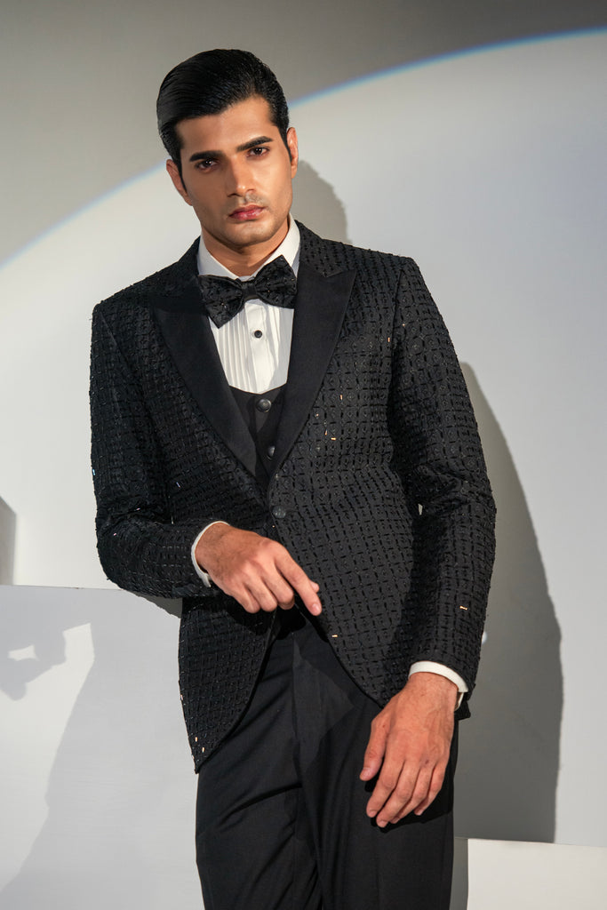 Black Embroidery + Handwork Tuxedo Coat Pant & Waistcoat For Men's