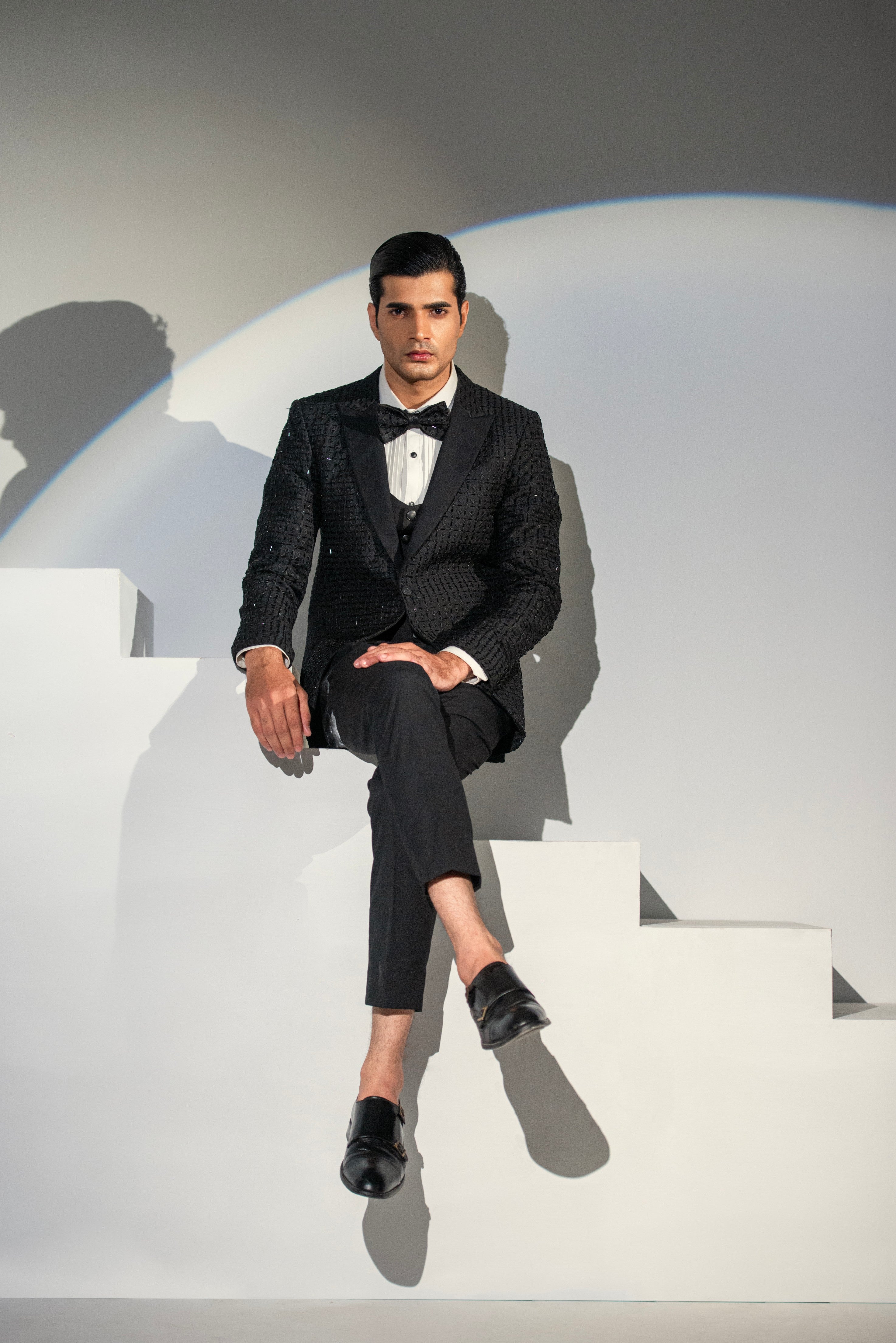 Black Embroidery + Handwork Tuxedo Coat Pant & Waistcoat For Men's