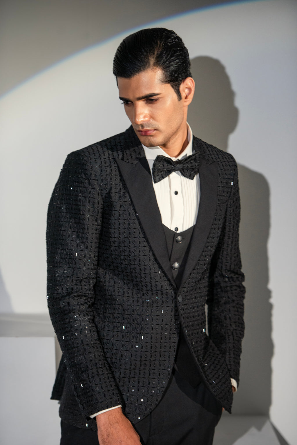 Black Embroidery + Handwork Tuxedo Coat Pant & Waistcoat For Men's