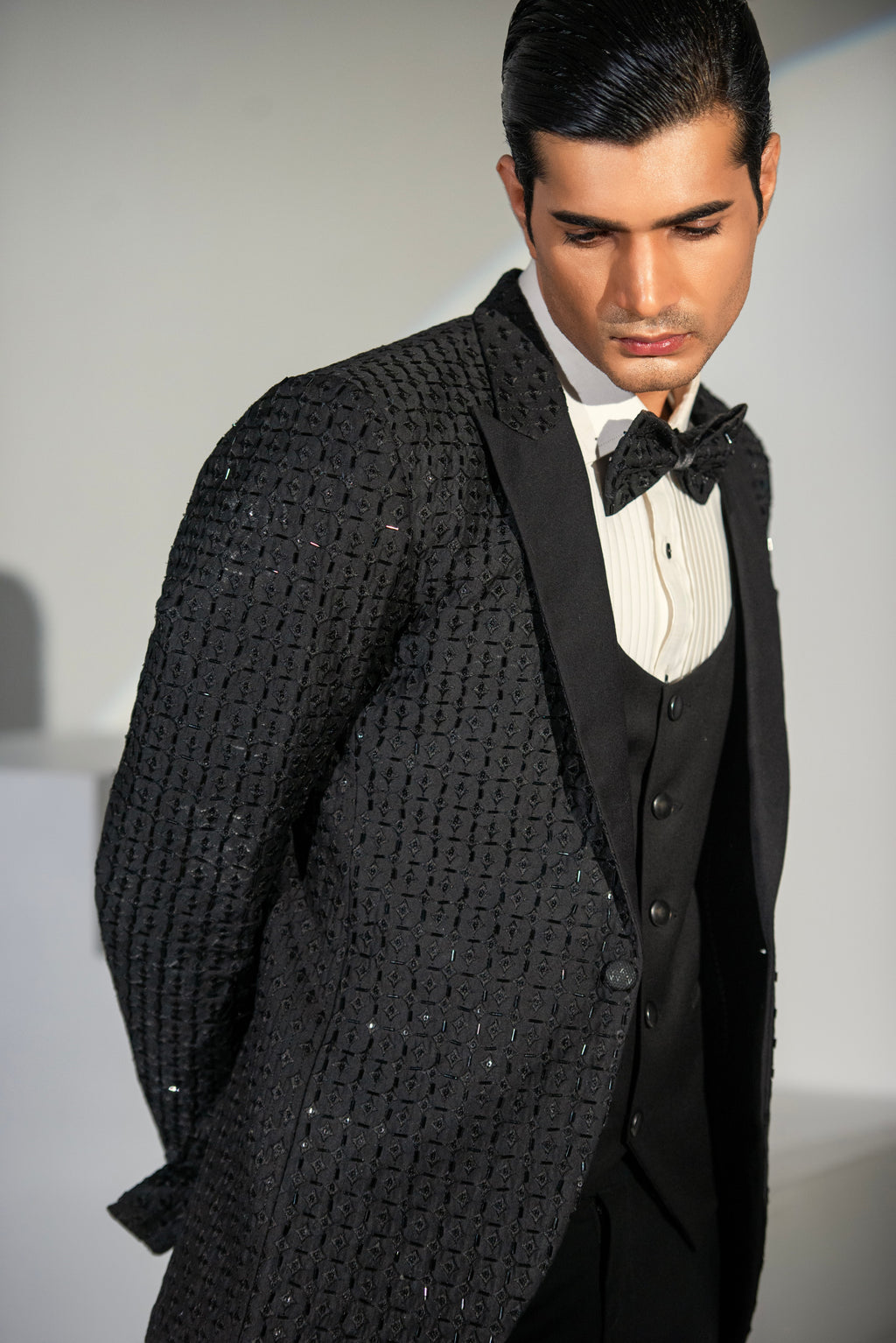 Black Embroidery + Handwork Tuxedo Coat Pant & Waistcoat For Men's