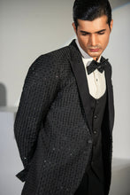 Load image into Gallery viewer, Black Embroidery + Handwork Tuxedo Coat Pant &amp; Waistcoat For Men&#39;s