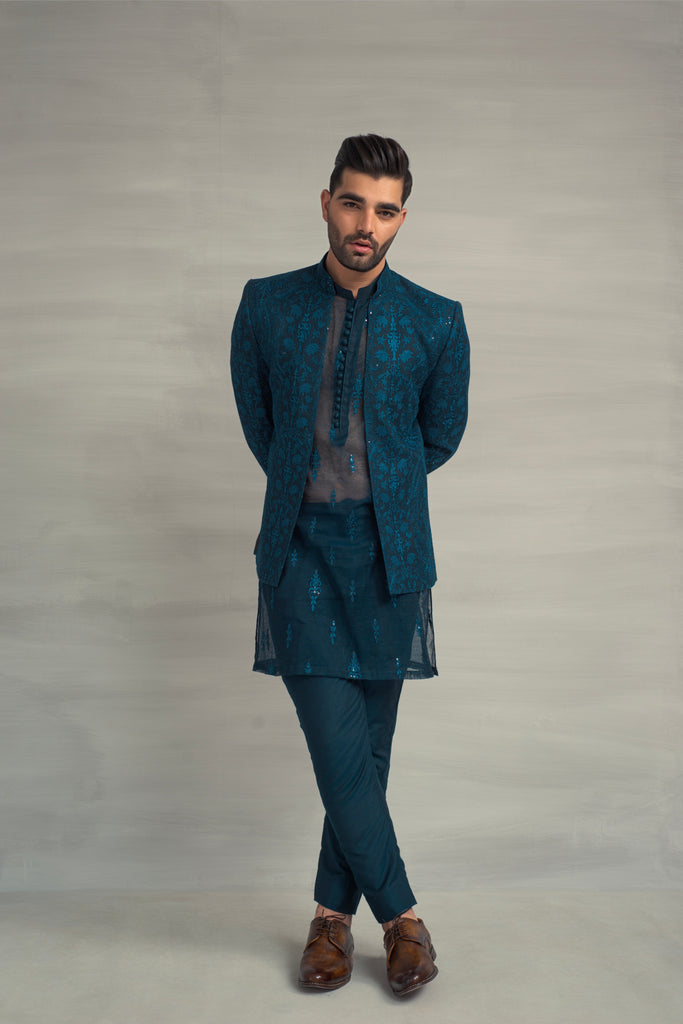 Till Blue Embroidery Prince Coat + Till Blue Embroidery Kurta Pajama For Men's