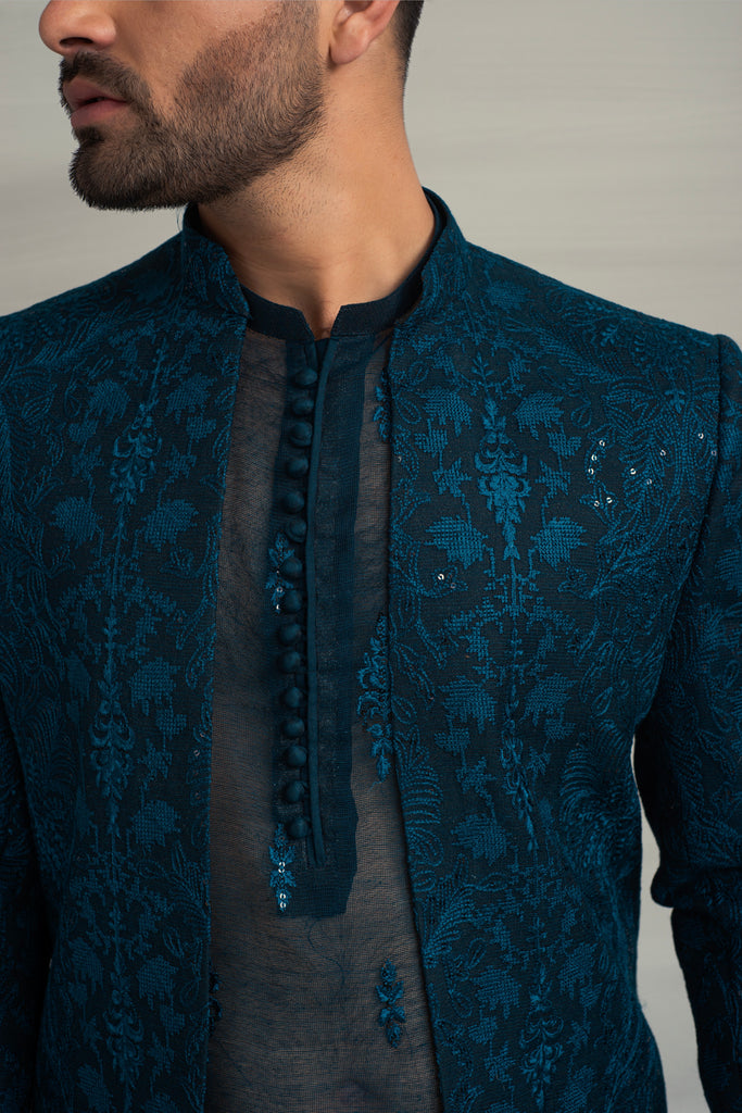 Till Blue Embroidery Prince Coat + Till Blue Embroidery Kurta Pajama For Men's