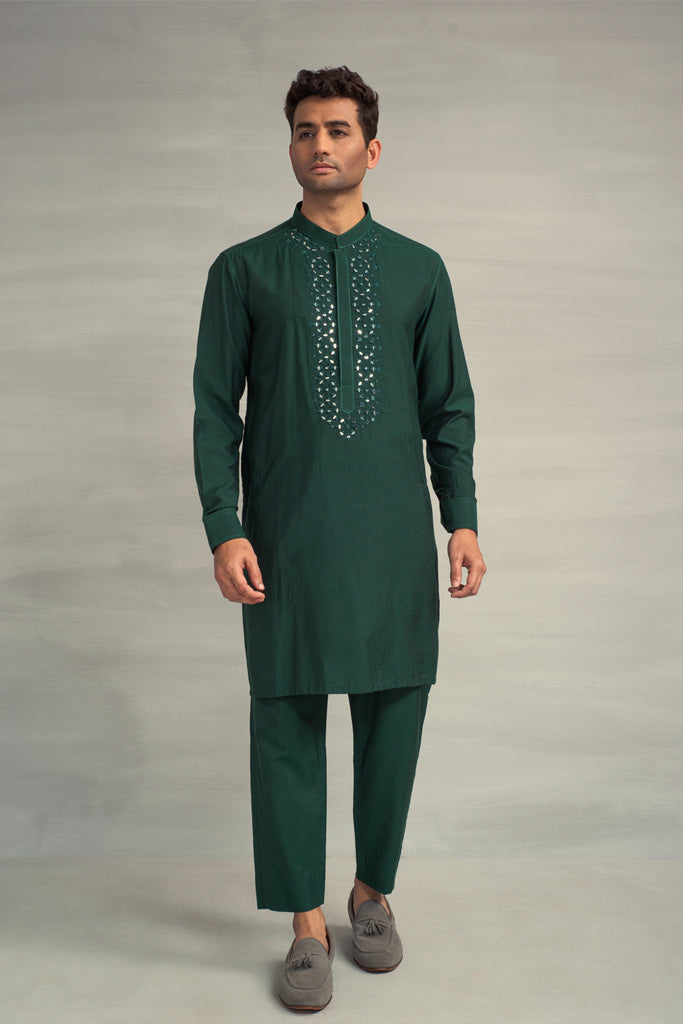 Green Kurta Pajama + Mirror Work For Men's