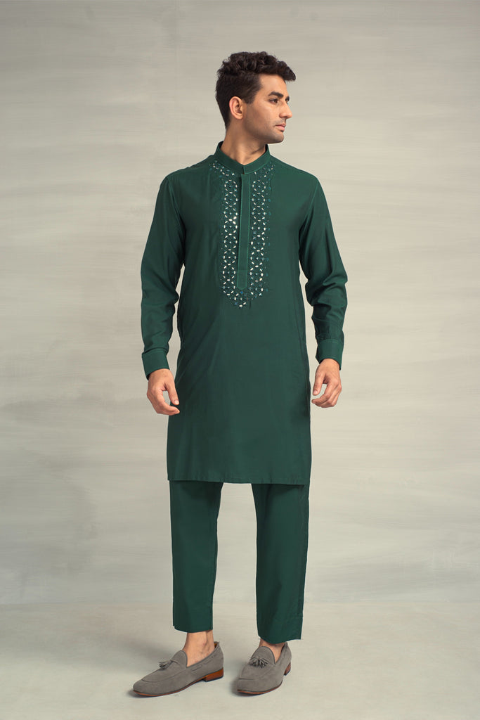 Green Kurta Pajama + Mirror Work For Men's