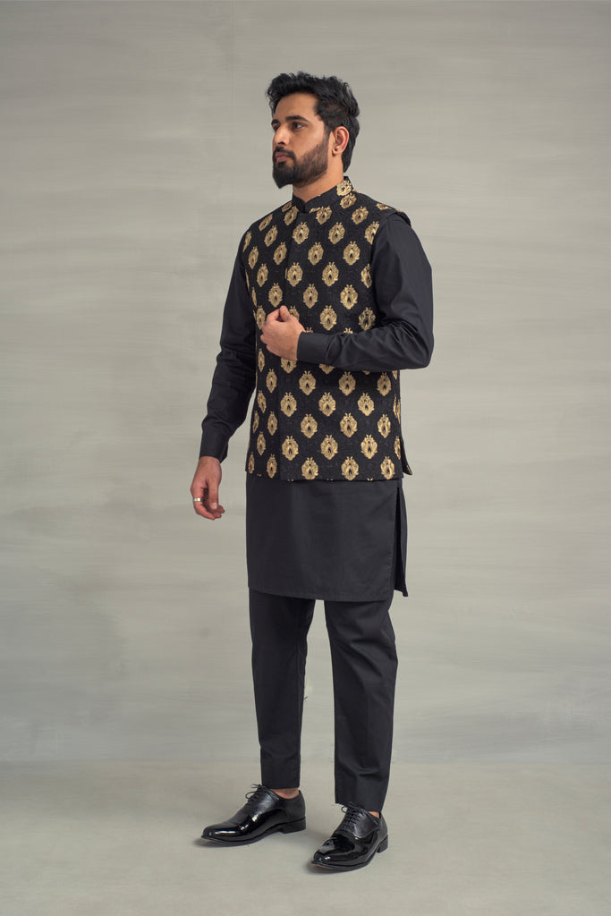 Black Golden Embroidery Waistcoat + Black Kurta Pajama For Men's