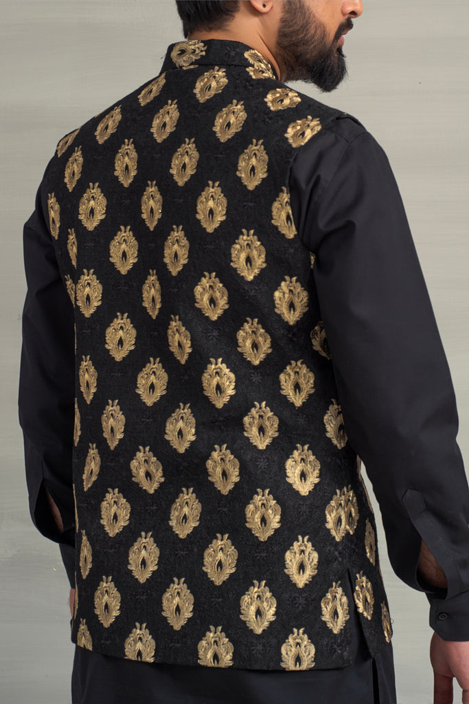 Black Golden Embroidery Waistcoat + Black Kurta Pajama For Men's