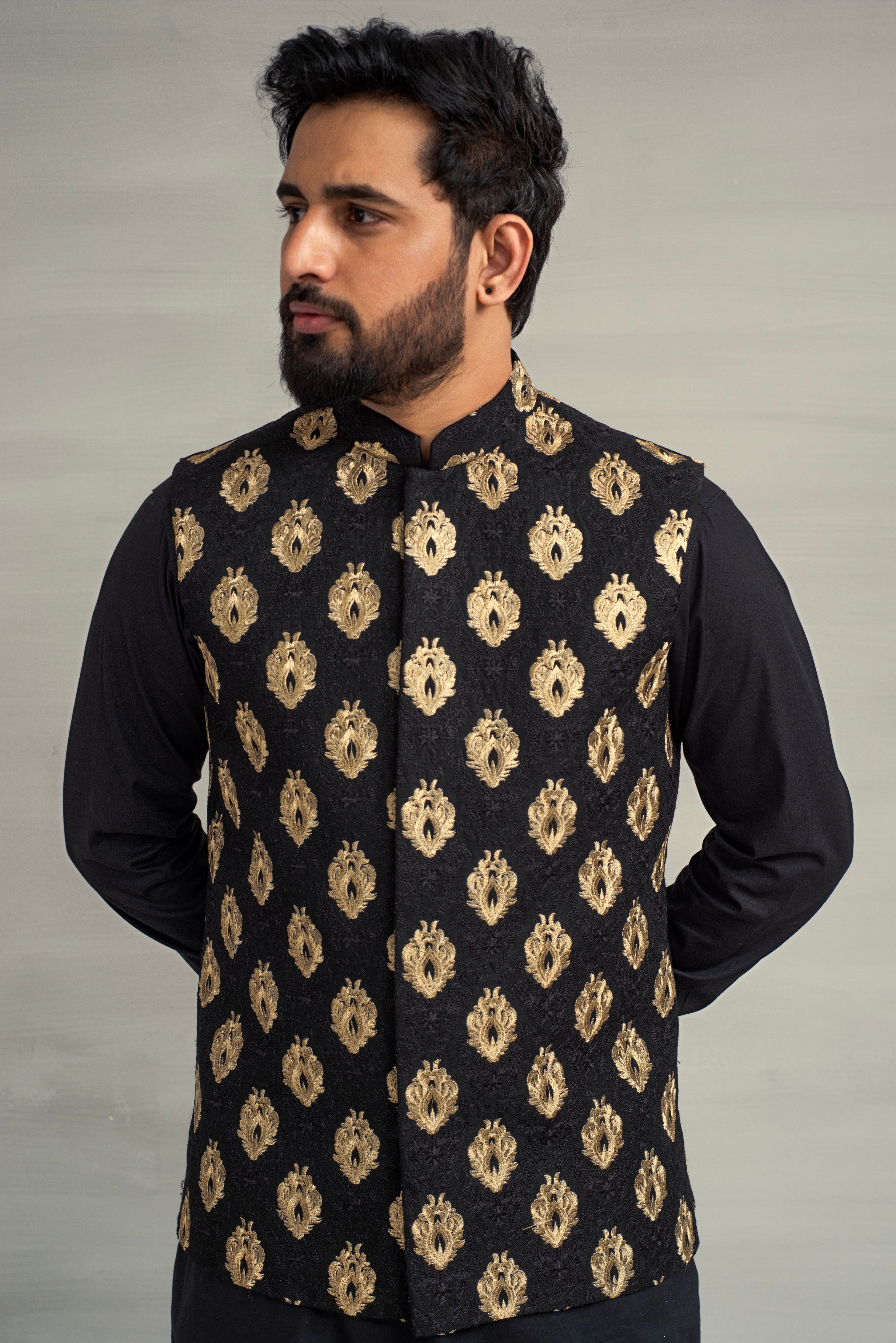 Black Golden Embroidery Waistcoat + Black Kurta Pajama For Men's Secondary image