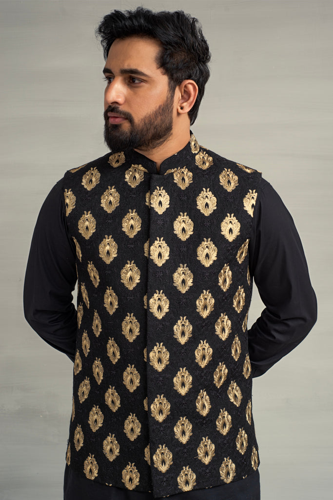 Black Golden Embroidery Waistcoat + Black Kurta Pajama For Men's