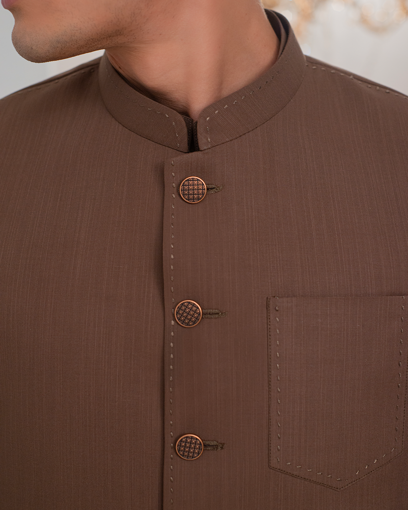 Brown Kurta Bell Bottom Pajama + Waist Coat For Men's