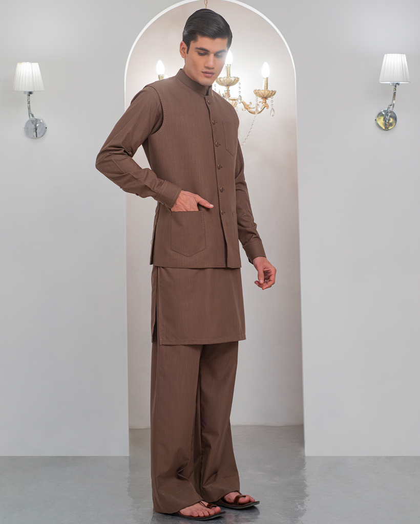 Brown Kurta Bell Bottom Pajama + Waist Coat For Men's
