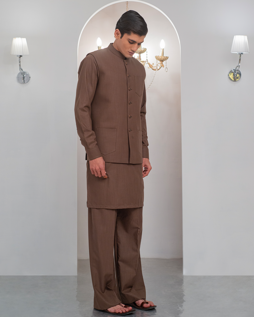 Brown Kurta Bell Bottom Pajama + Waist Coat For Men's