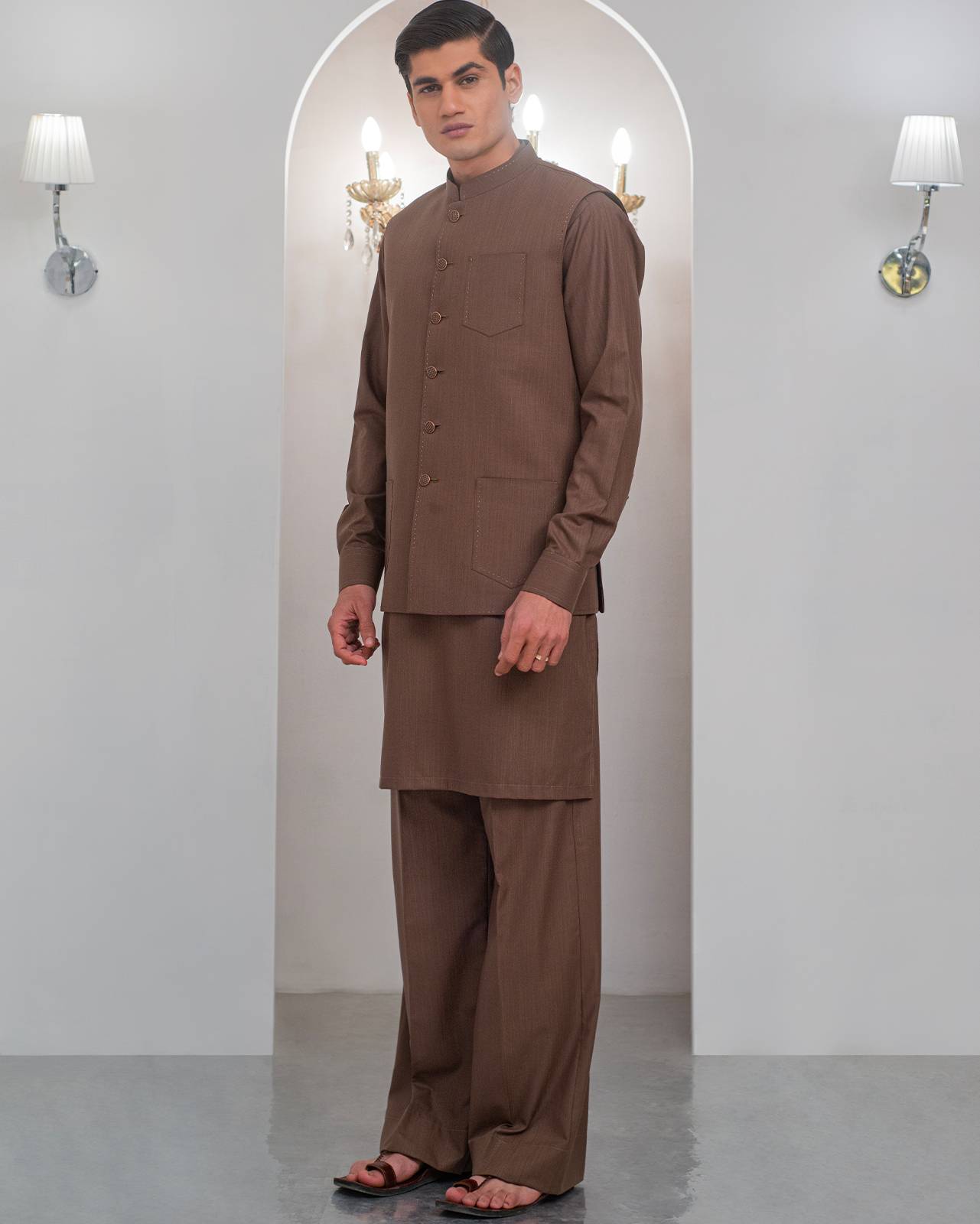 Brown Kurta Bell Bottom Pajama + Waist Coat For Men's Main image