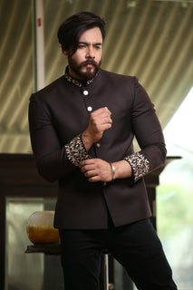 Dark Brown Embroidery Prince Coat With Pant For Men's
