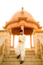 Cream Front Open Embroidered Kurta With Patiala Shalwar For Men's