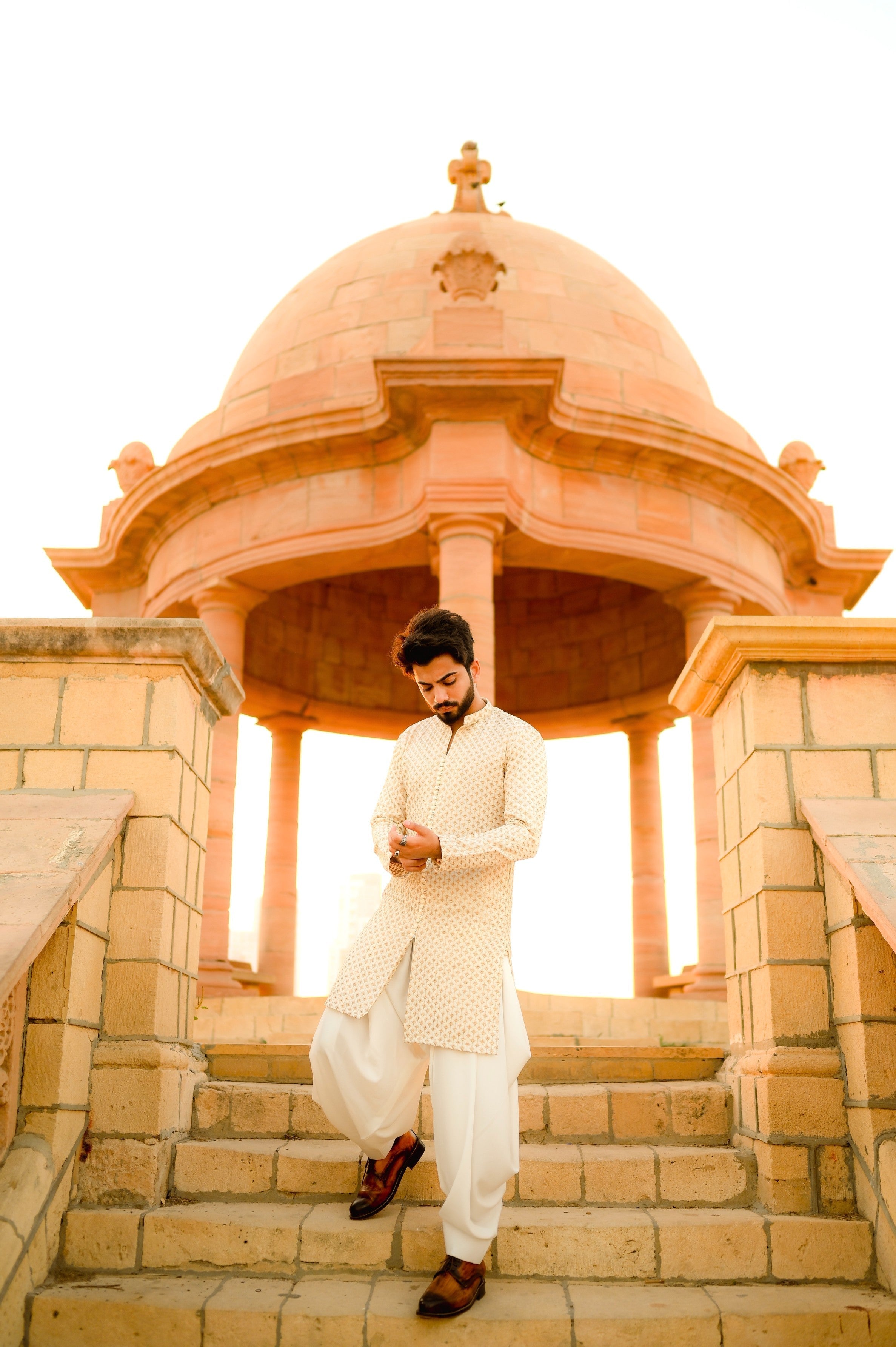 Cream Front Open Embroidered Kurta With Patiala Shalwar For Men's