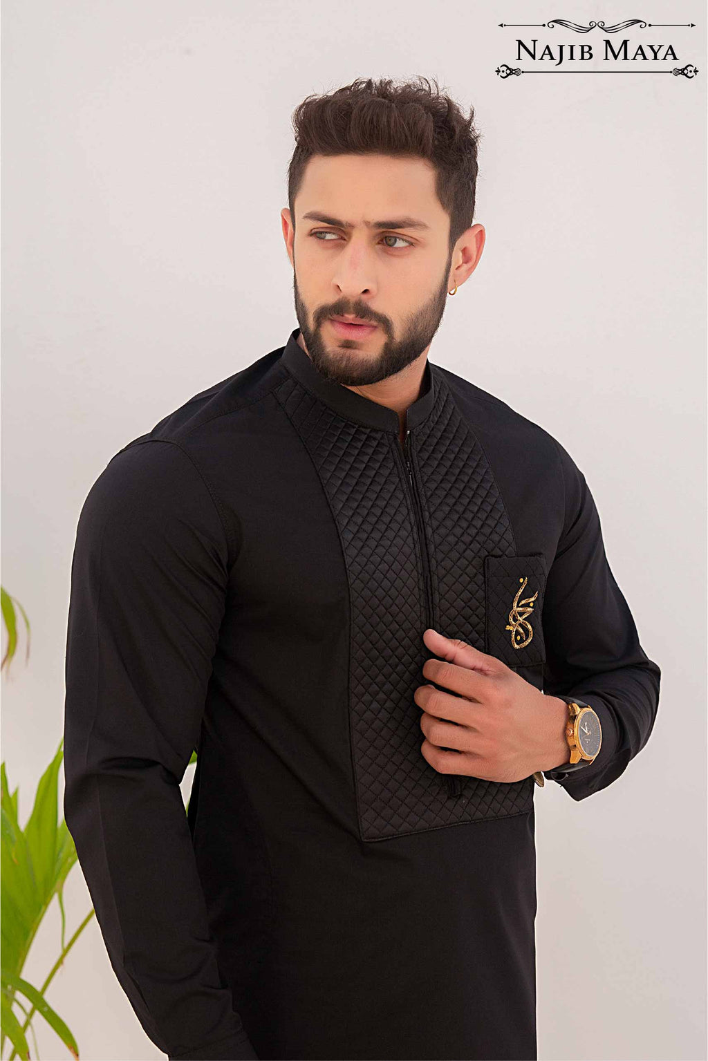 Black Logo Hand Work Kurta Pajama For Men's