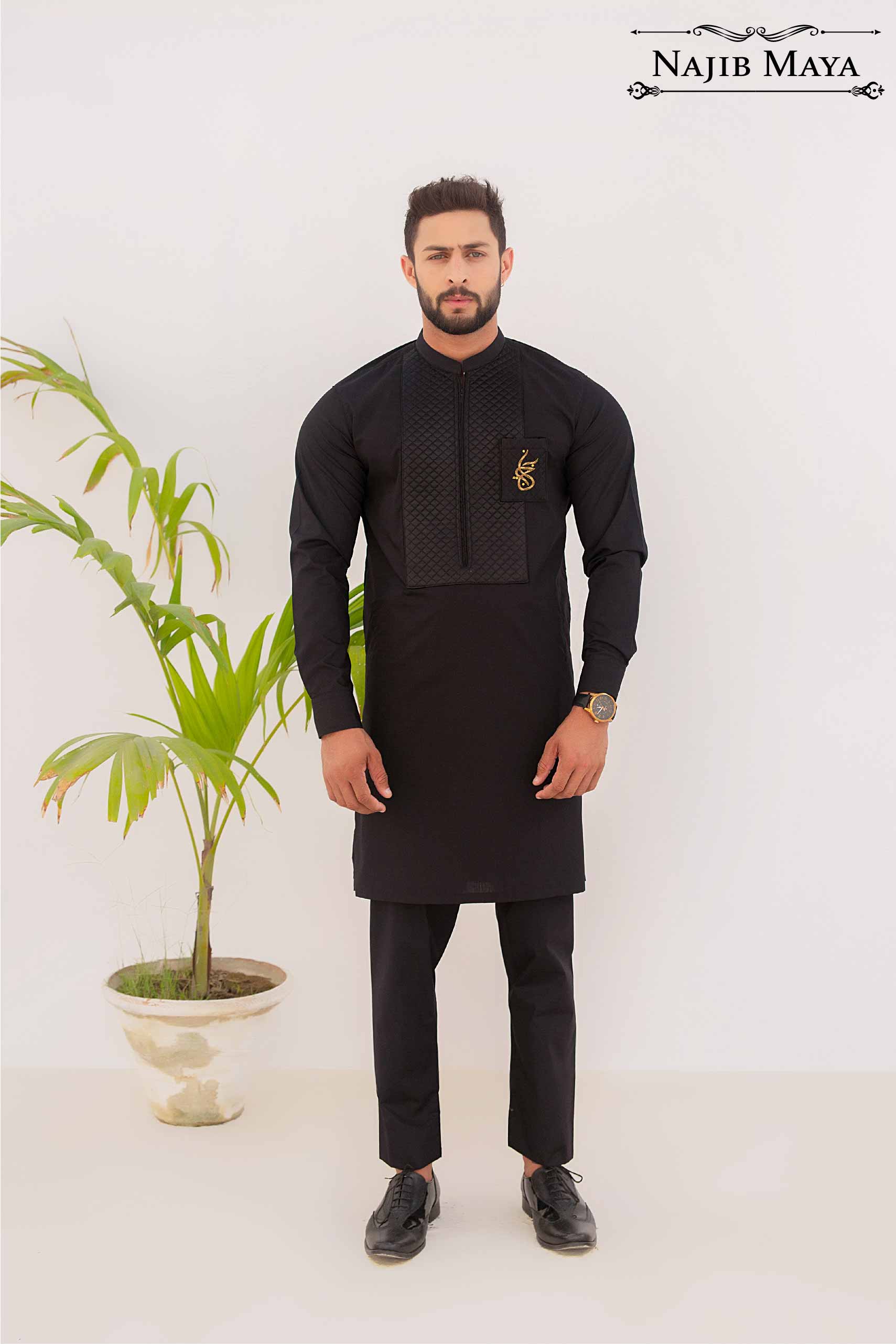 Black Logo Hand Work Kurta Pajama For Men's Main image