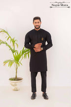 Black Logo Hand Work Kurta Pajama For Men's