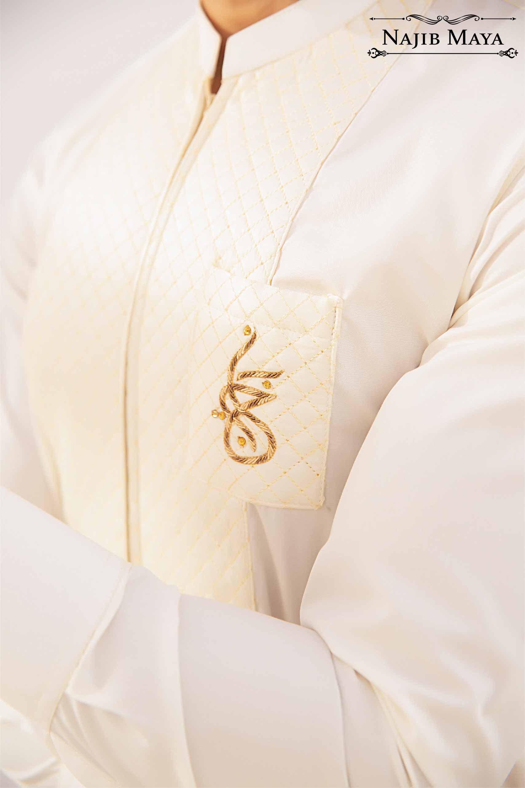 Cream Logo Hand Work Kurta Pajama For Men's Secondary image