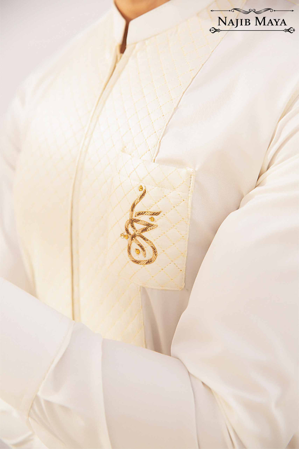 Cream Logo Hand Work Kurta Pajama For Men's