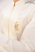 Cream Logo Hand Work Kurta Pajama For Men's