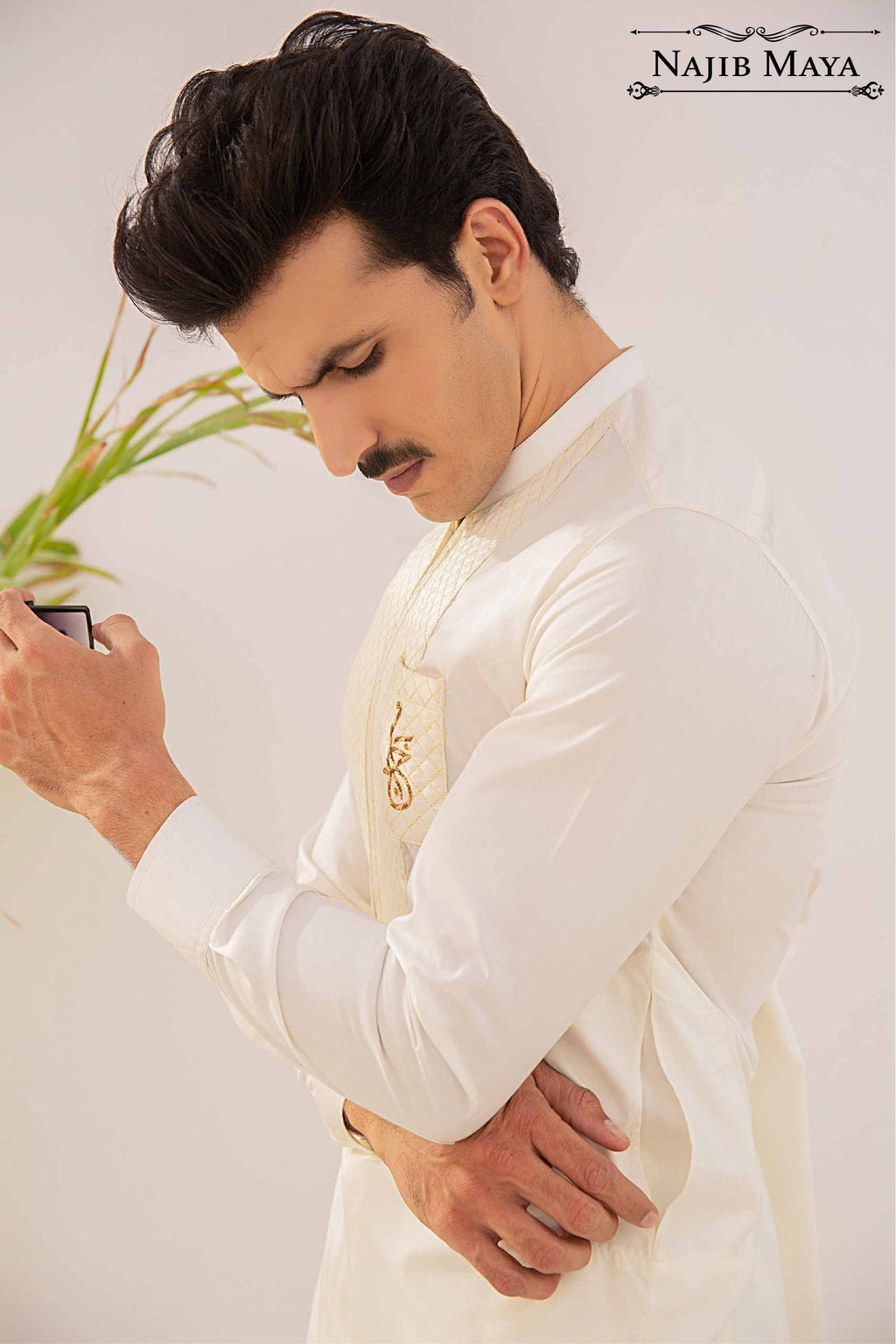 Cream Logo Hand Work Kurta Pajama For Men's