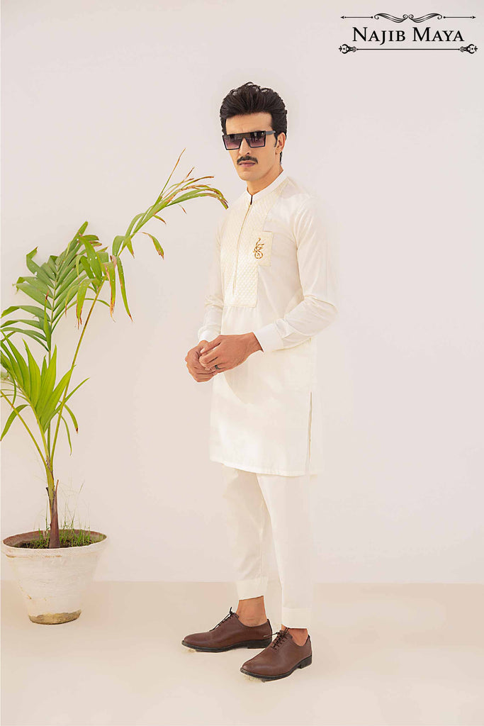 Cream Logo Hand Work Kurta Pajama For Men's