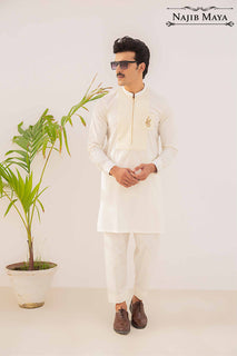 Cream Logo Hand Work Kurta Pajama For Men's