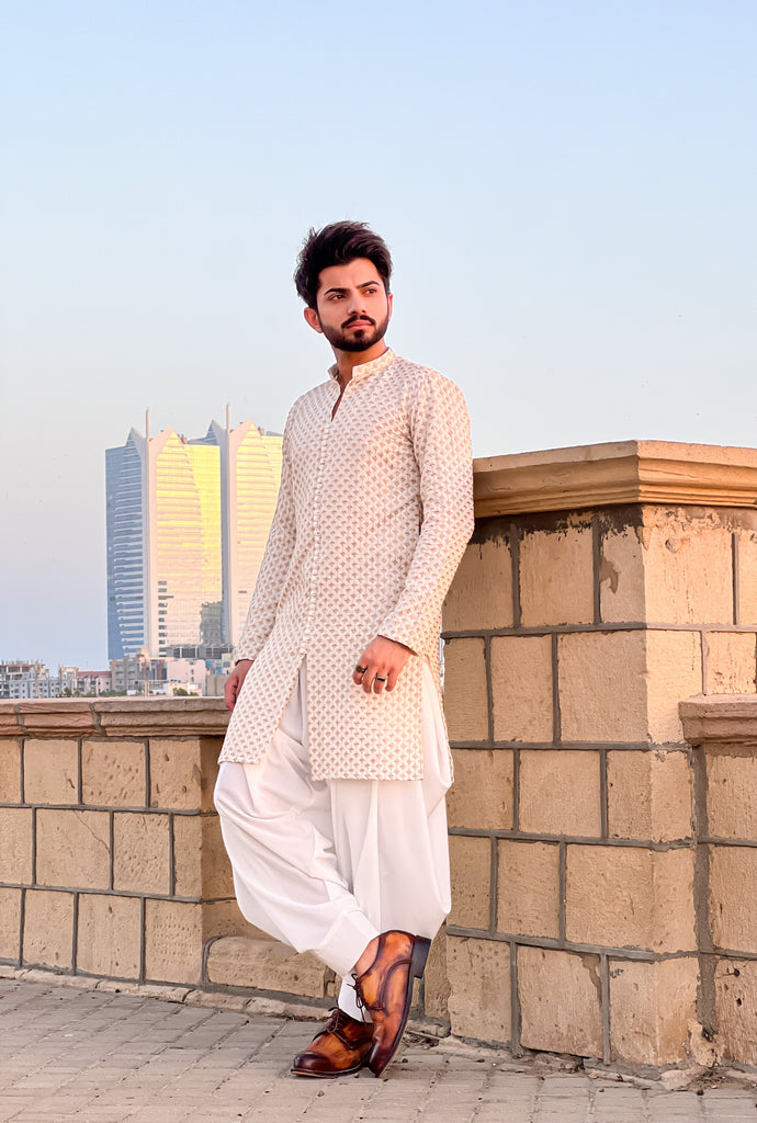 Cream Front Open Embroidered Kurta With Patiala Shalwar For Men's