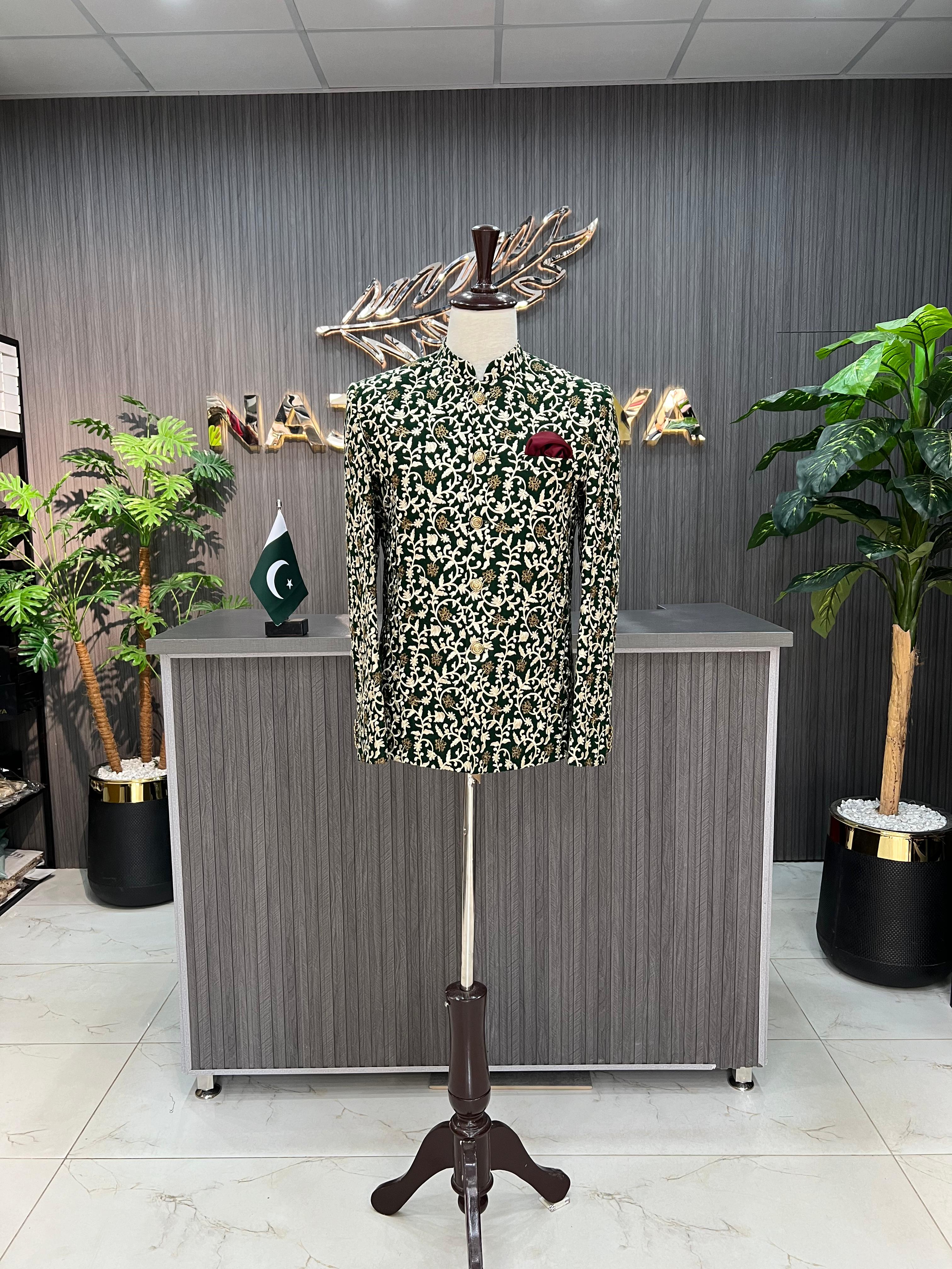 Green Embroidered Prince Coat For Men's Main image