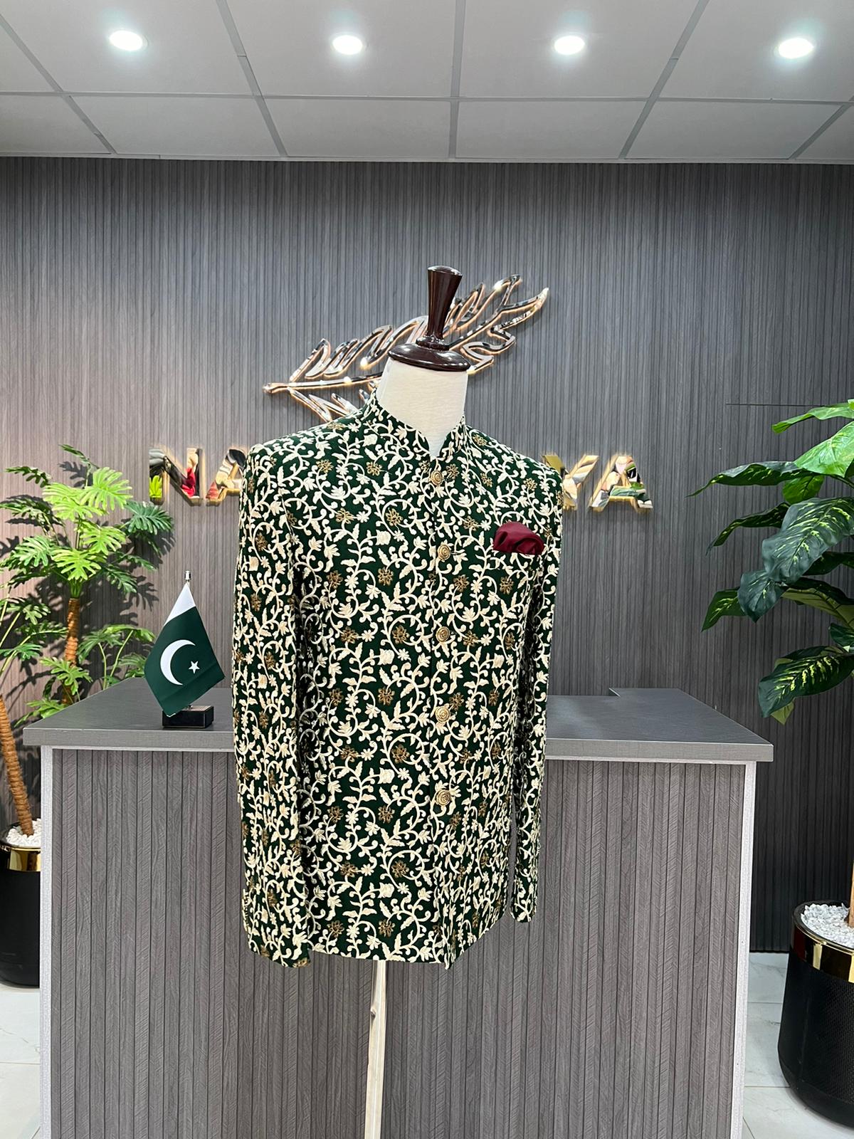 Green Embroidered Prince Coat For Men's
