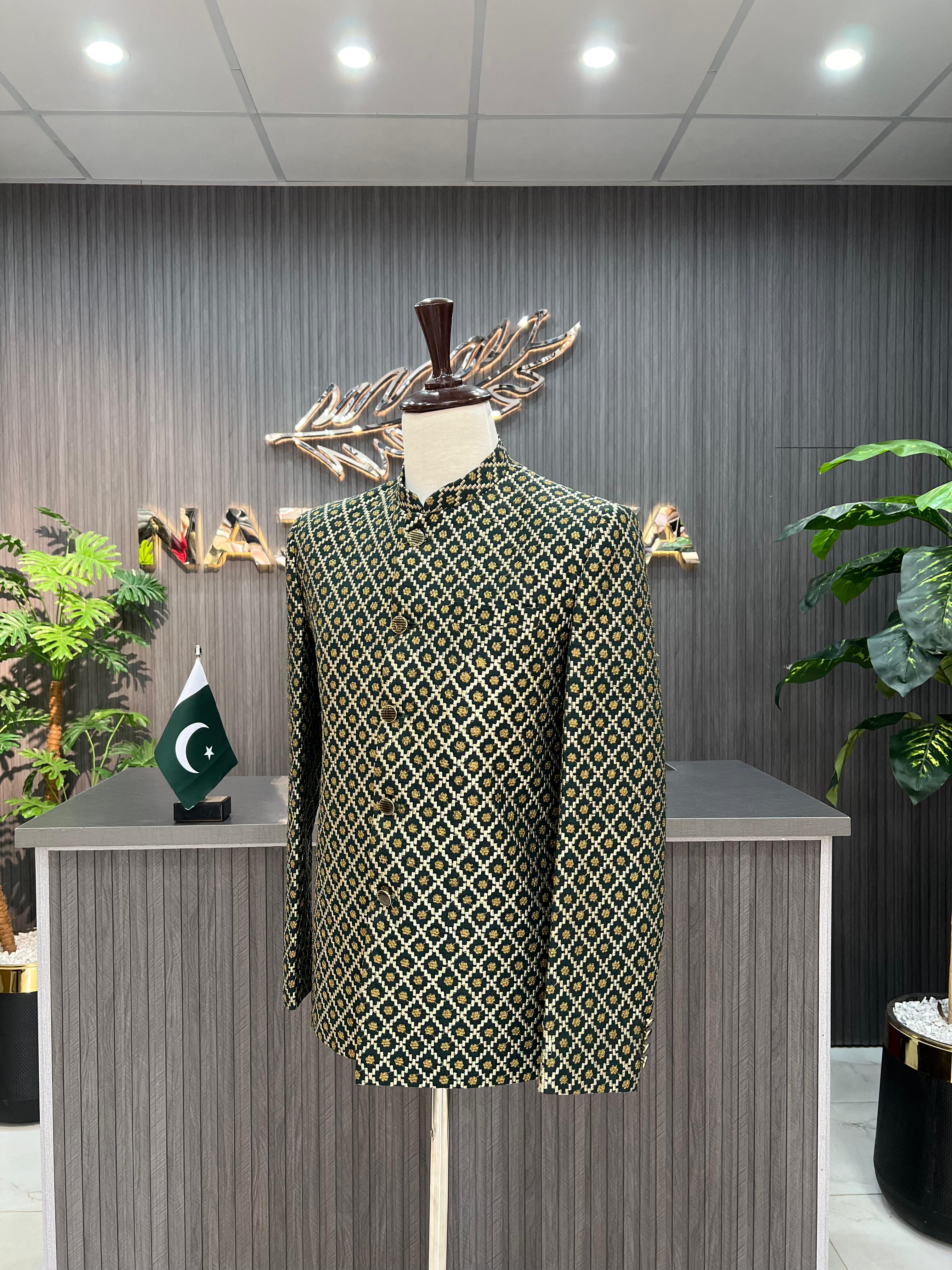 Green Embroidery Prince Coat For Men's