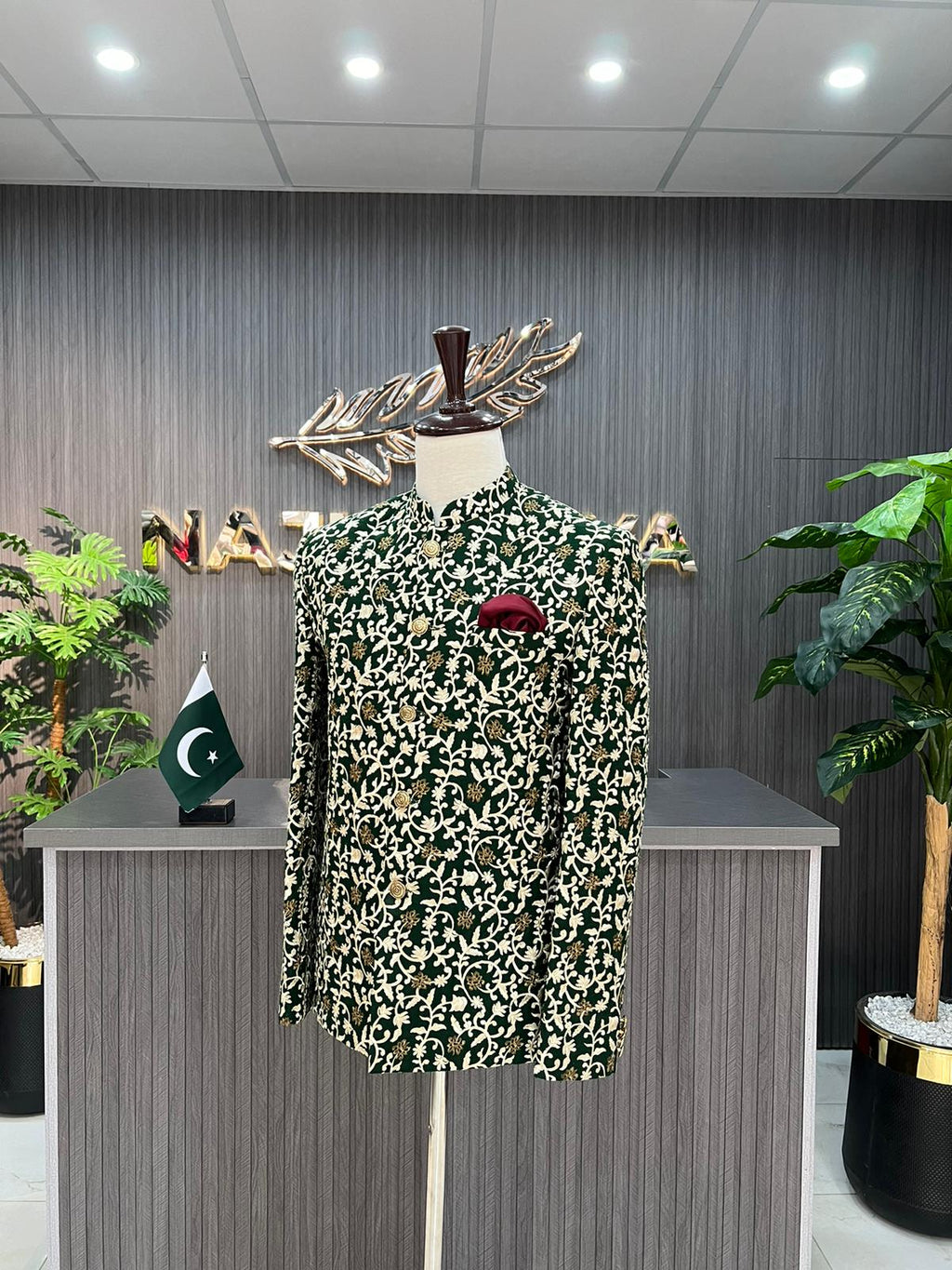 Green Embroidered Prince Coat For Men's